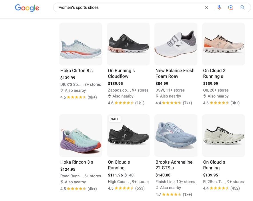 SEO trends, product SEO - Amazon page for “women’s sports shoes” search.