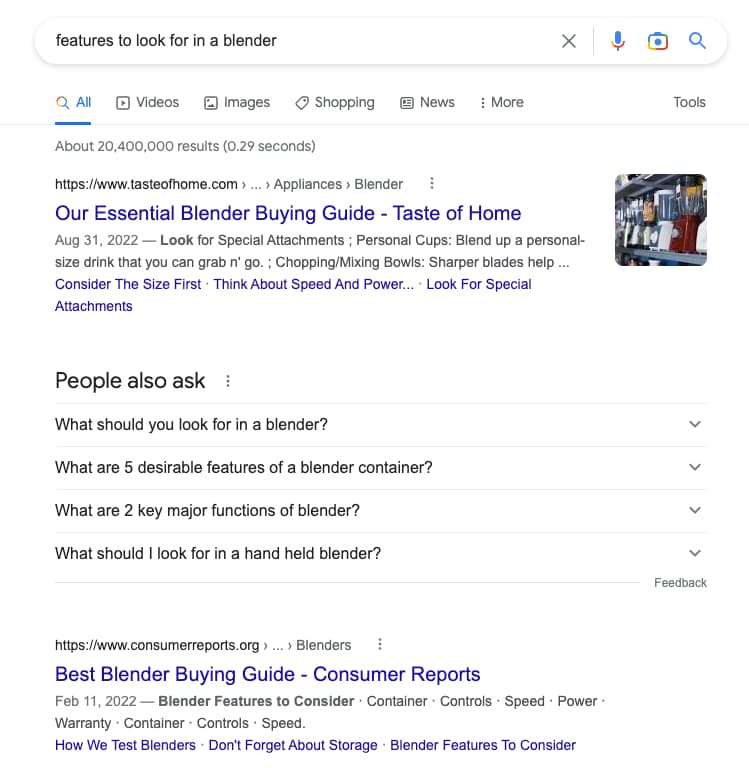 SEO trends, search intent - Google SERP for “features to look for in a blender.”