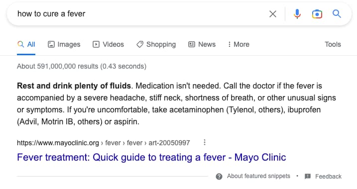 SEO trends, zero-click results - example from Mayo Clinic.