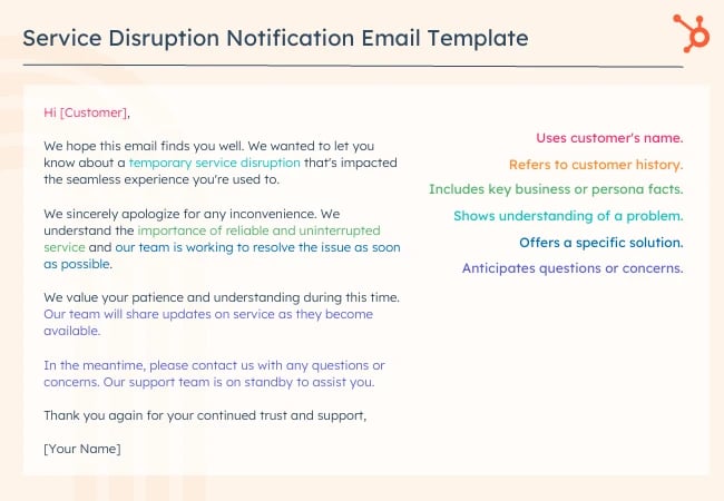 Customer service email templates: Service Disruption 