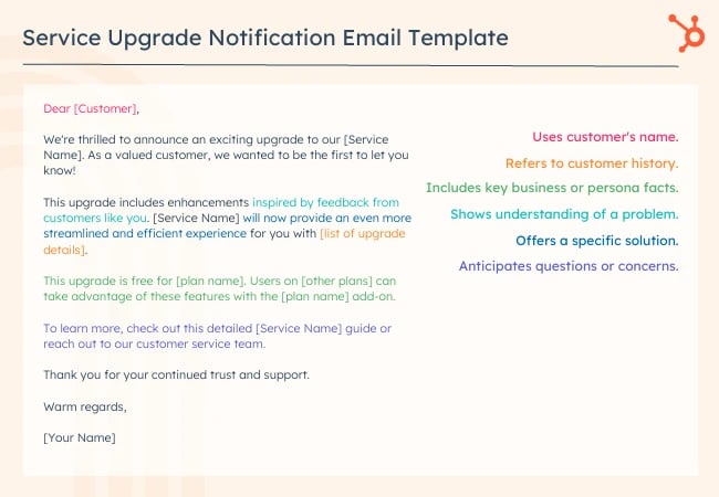 Customer service email templates: Service Upgrade Notification