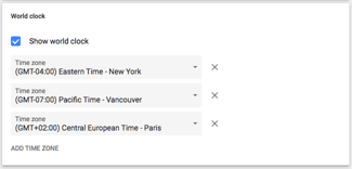 Zestawienie zegara światowego w Kalendarzu Google z trzema strefami czasowymi na liście