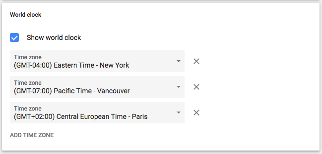 World clock setting in Google Calendar with three time zones listed