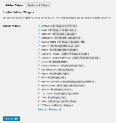 complemento de desactivación de widgets: desactive los widgets de la barra lateral en su sitio web
