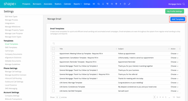 Shape real estate CRM in settings view where you can manage email settings