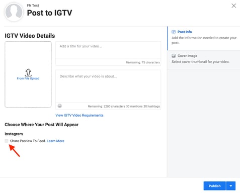 نمونه ای از دکمه پیش نمایش اشتراک گذاری در فید در استودیوی سازنده اینستاگرام برای ارسال ویدیوهای IGTV در فید خود