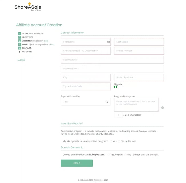 shareasale: image shows the next step in the account creation and affiliate program setup process where you identify address and your contact information. 