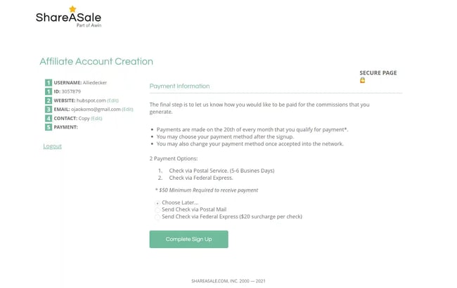 shareasale: finish setting up your account 