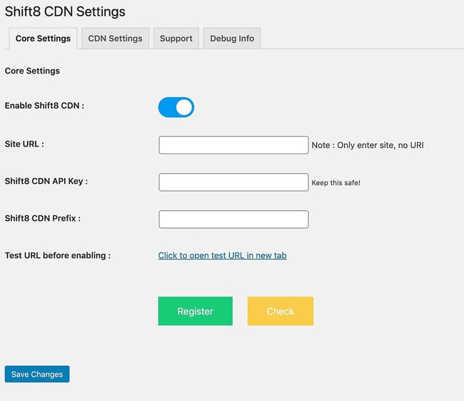 WordPress free CDN service by Shift8 CDN, settings view