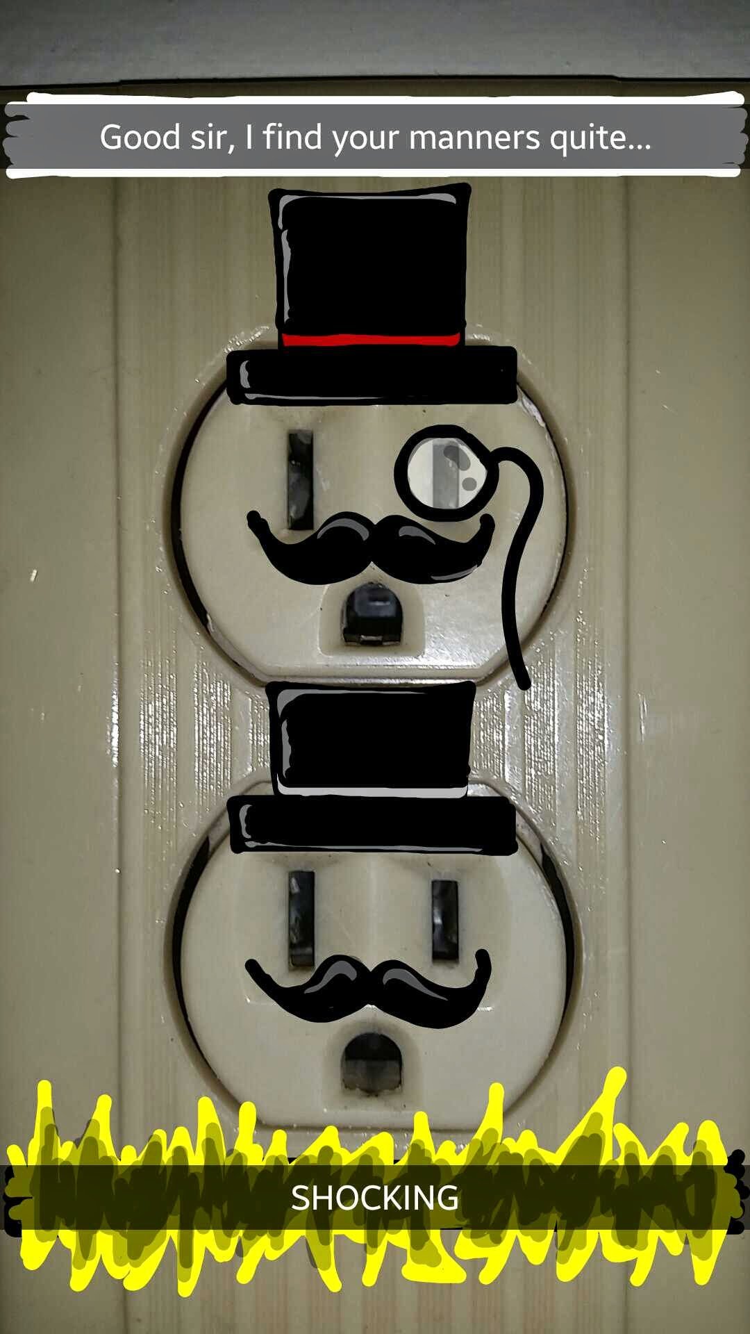 Funny Snapchat drawing of electrical outlets with hats and mustaches with the caption 