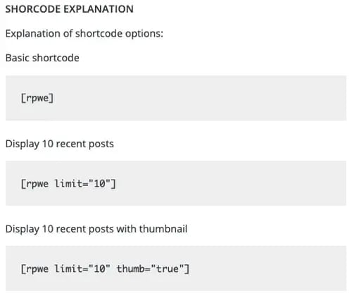 Options for configuring the shortcode that comes with the WordPress Recent Posts Widget Extended Plugin