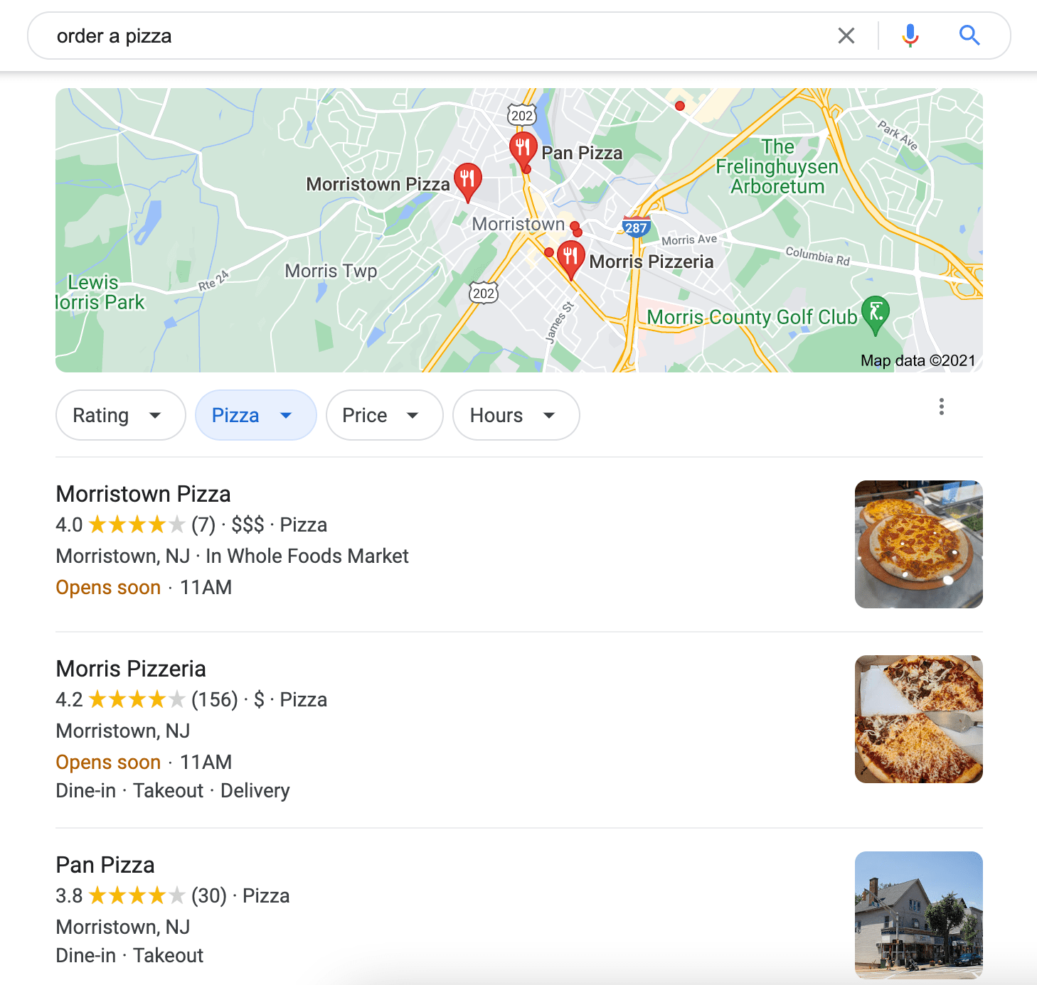showing local pizza places in search queries for the search term order a pizza