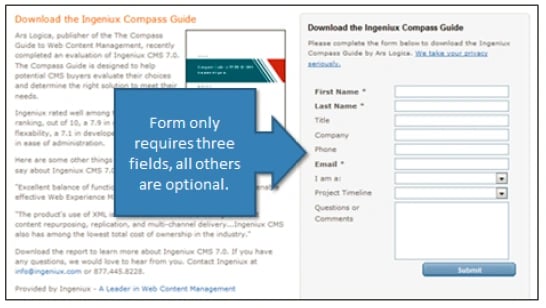 Form fields on a landing page.