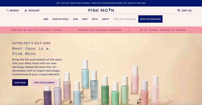 simple website examples: pink moon homepage shows product photography 