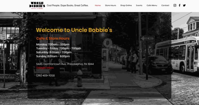 simple website examples: uncle bobbie's homepage shows cafe and store hours 