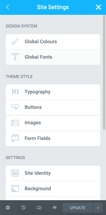elementor wordpress: How to use Elementor with WordPress — site settings menu in elementor dashboard includes options for design system, theme style, and settings