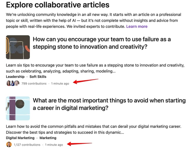 LinkedIn Collaborative articles examples.