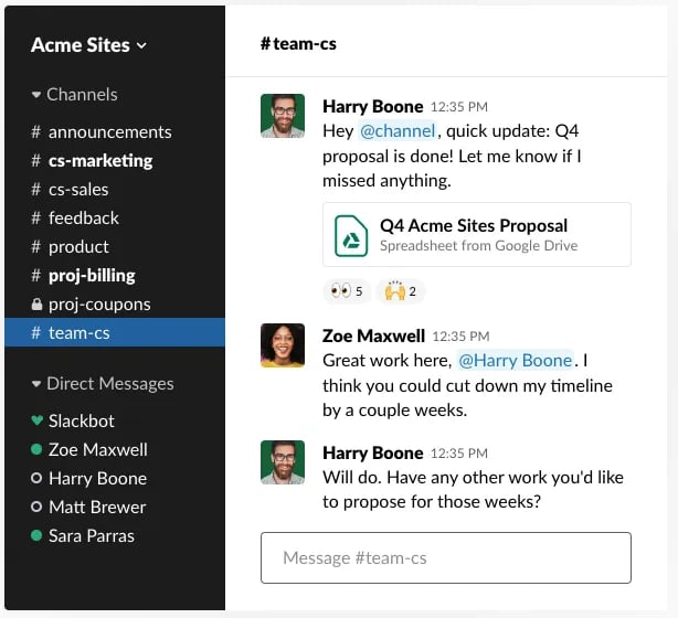 small business tool slack messaging screenshot