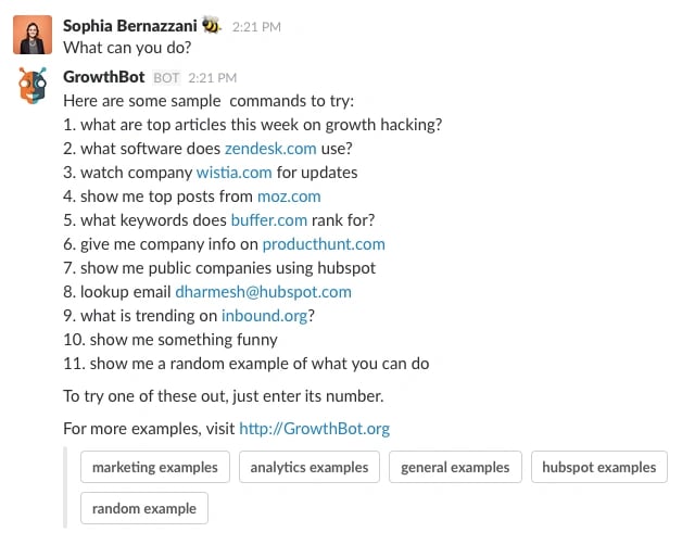 HubSpot's GrowthBot conversation in Slack