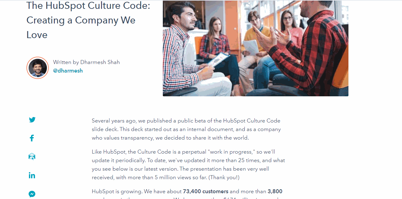 example of a slideshare blog post with the hubspot culture code slide deck