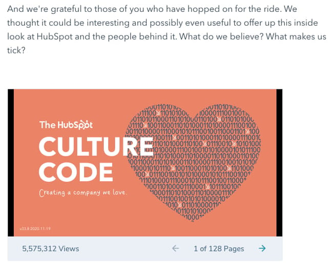 Slideshare presentation blog post example about HubSpot's culture code