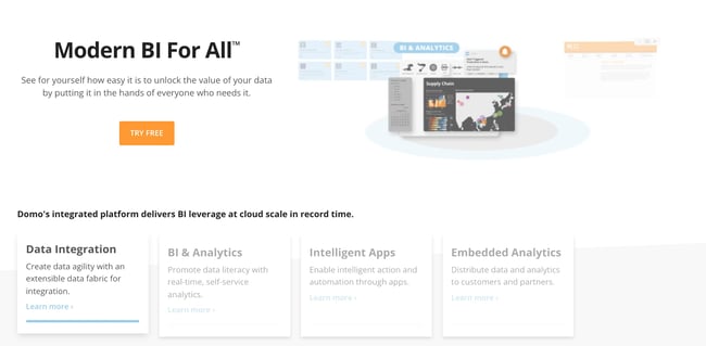 Domo's homepage showing Business Intelligence options and analytics for small businesses