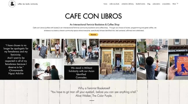 homepage for the small business website design example cafe con libros