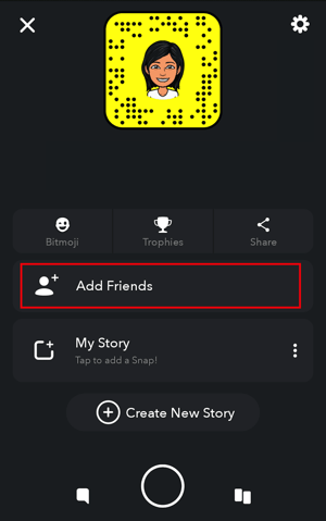 Màn hình chính của Snapchat với tùy chọn Thêm bạn bè