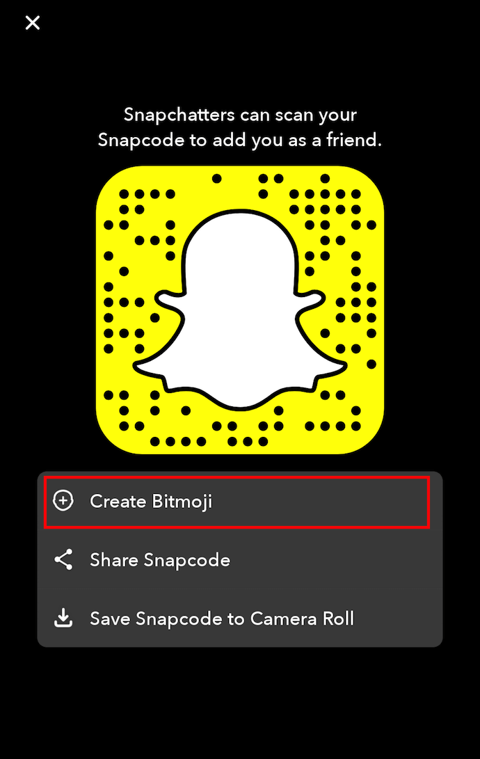 Snapchat Snapcode with option to Create Bitmoji.