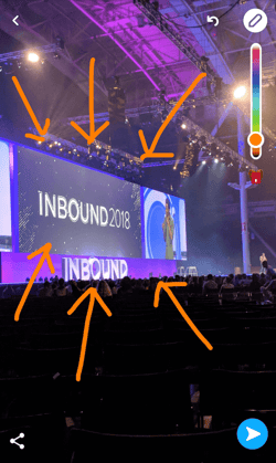 Snapchat from INBOUND 2018 with orange arrows drawn from the draw icon