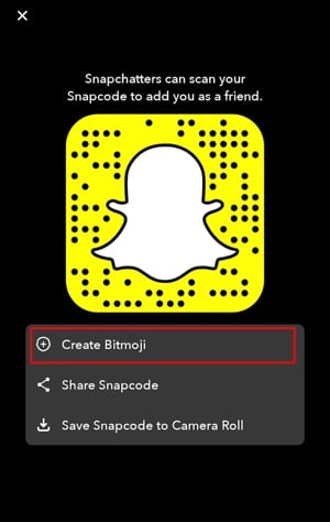Snapchat Snapcode with option to Create Bitmoji