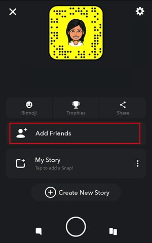 Snapchat home screen with option to Add Friends