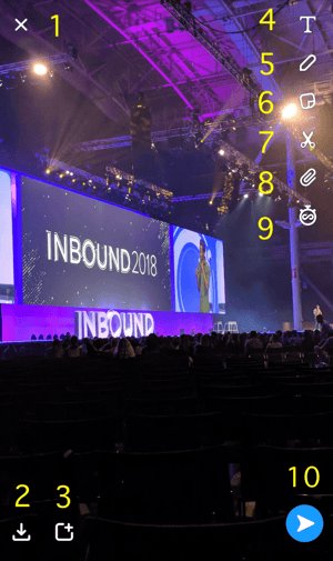 Snapchat picture from INBOUND 2018 with 10 options numbered in yellow
