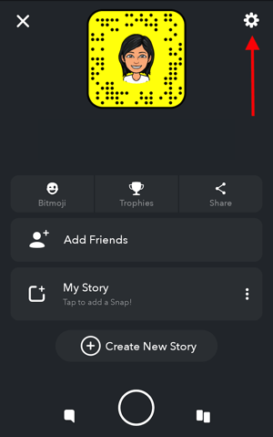 Snapchat profile screen with gear icon for accessing user settings