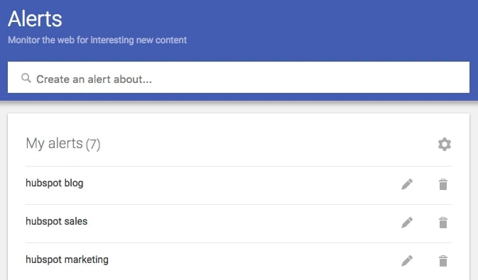 Google Alerts dashboard with 7 marketing keywords set up for monitoring