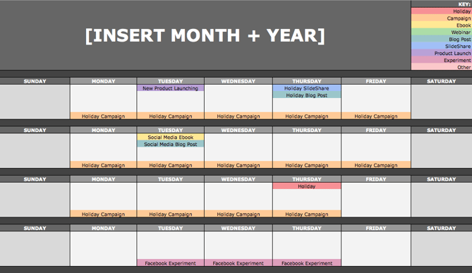 social media content calendar month view with colored cells for each content type