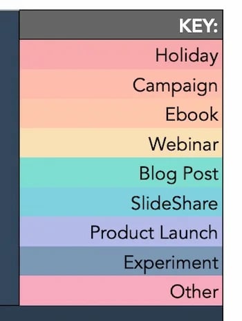 Social media content planner color coding: HubSpot