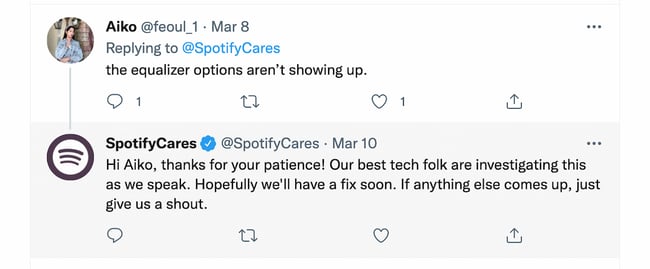 social media customer service examples: spotify cares tweet