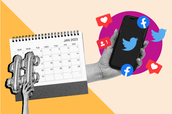 social media holidays on a 2023 calendar and a phone with social media icons