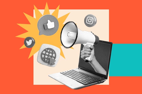 social media marketing the ultimate guide: megaphone coming out of a laptop explaining how to do social media marketing