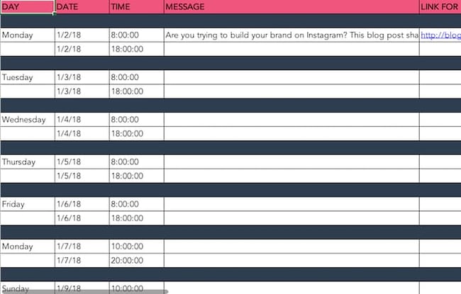 social media posting schedule in excel with days and times of the week