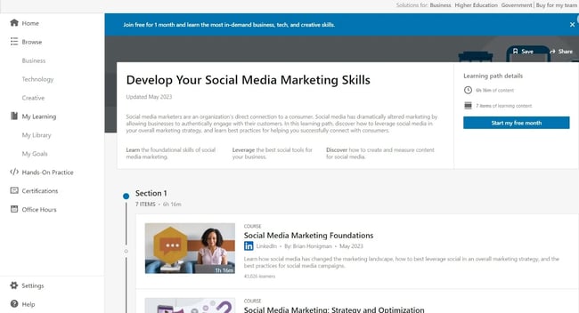 Image of LinkedIn’s Become a social media marketer course