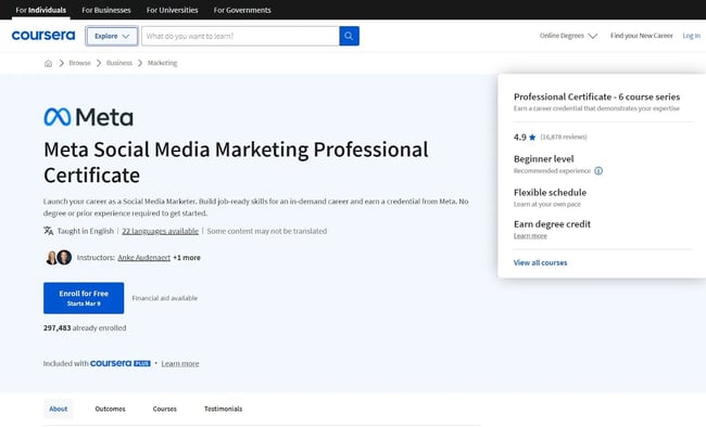 Image of Meta’s social media marketing professional certification course