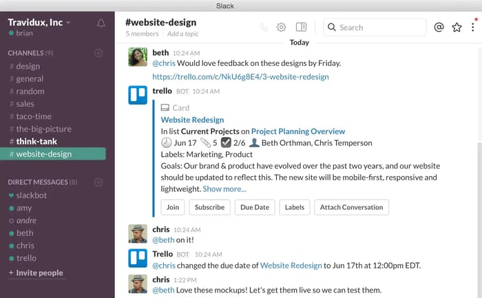 Slack and Trello software integration