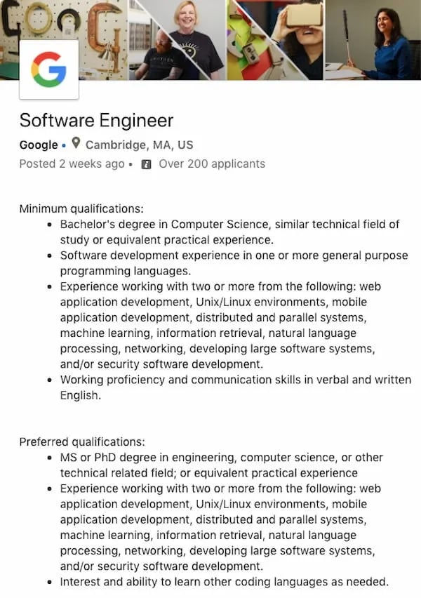 Software Engineer job description for Google