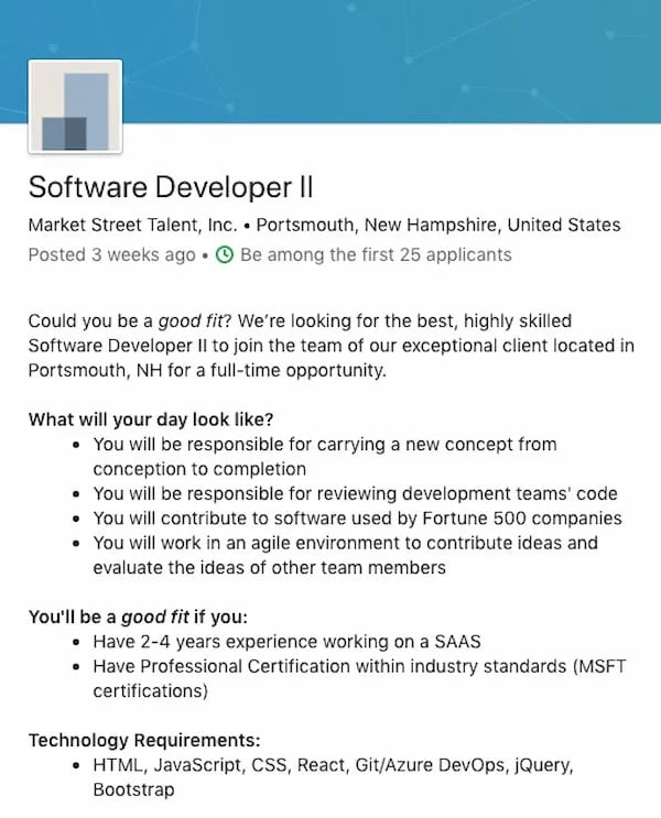 Software Developer job description for Market Street Talent, Inc