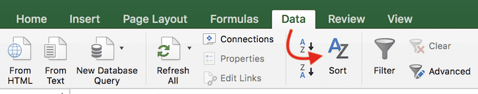Data tab in Excel, with an arrow pointing to the Sort icon