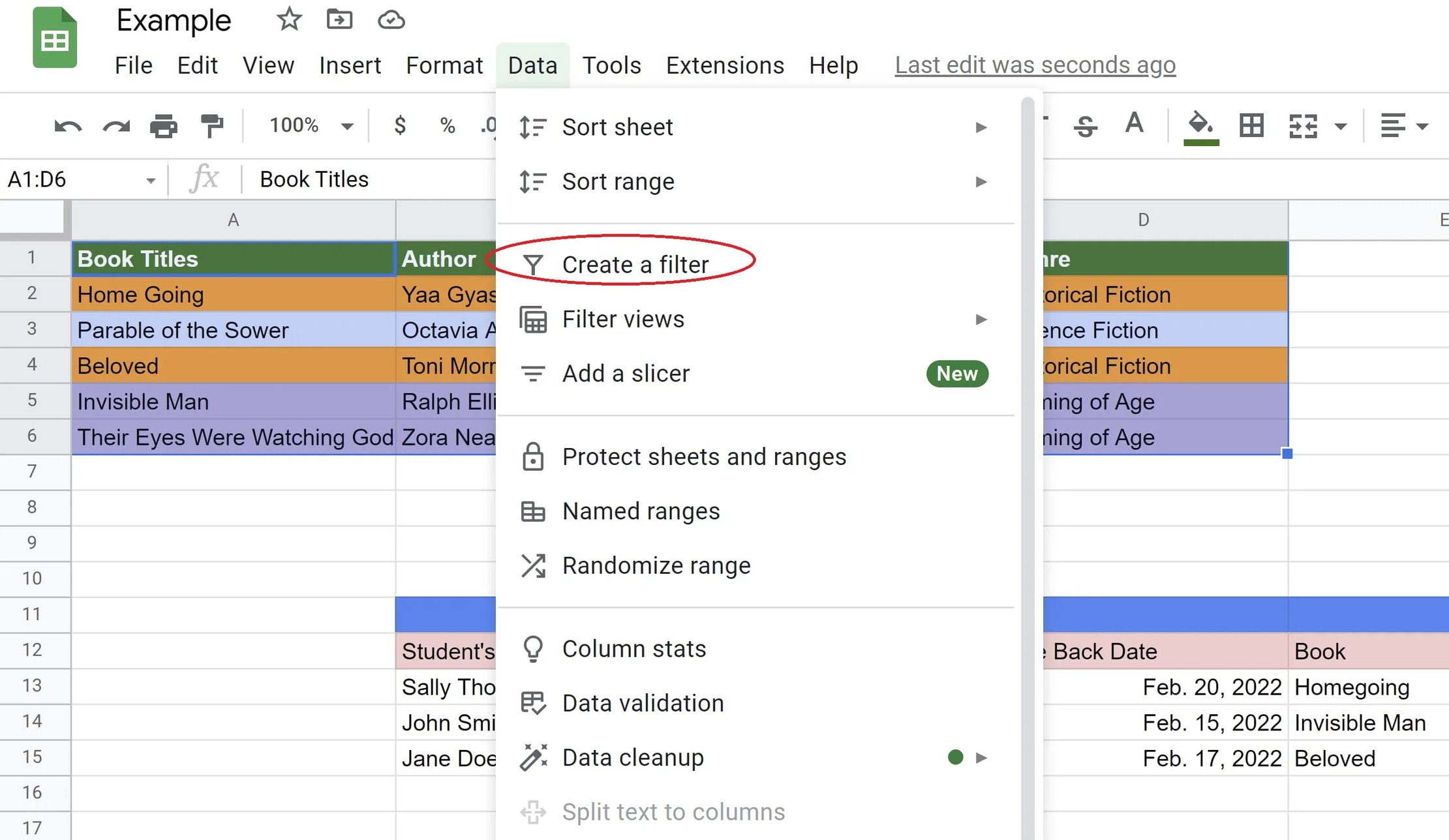 Create a filter tab selected in Google Sheets