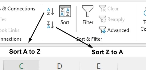 Sort A to Z and Sort Z to A shortcut buttons beside Sort options