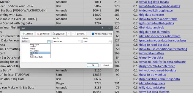 Sorting in Excel by selecting sort column
